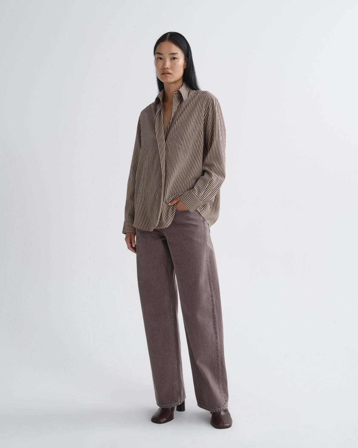 Women aris shirt trace stripe chocolate taupe - Agolde