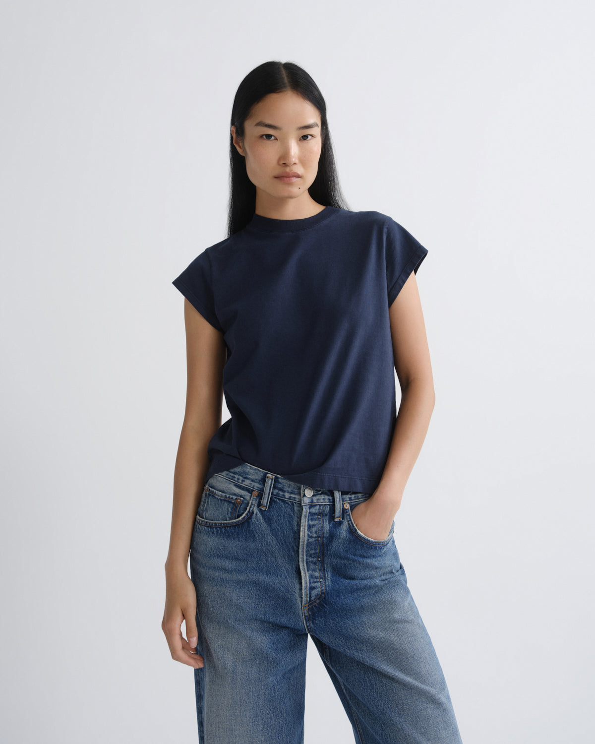 Women long line bryce cap sleeve tee dark teal - Agolde