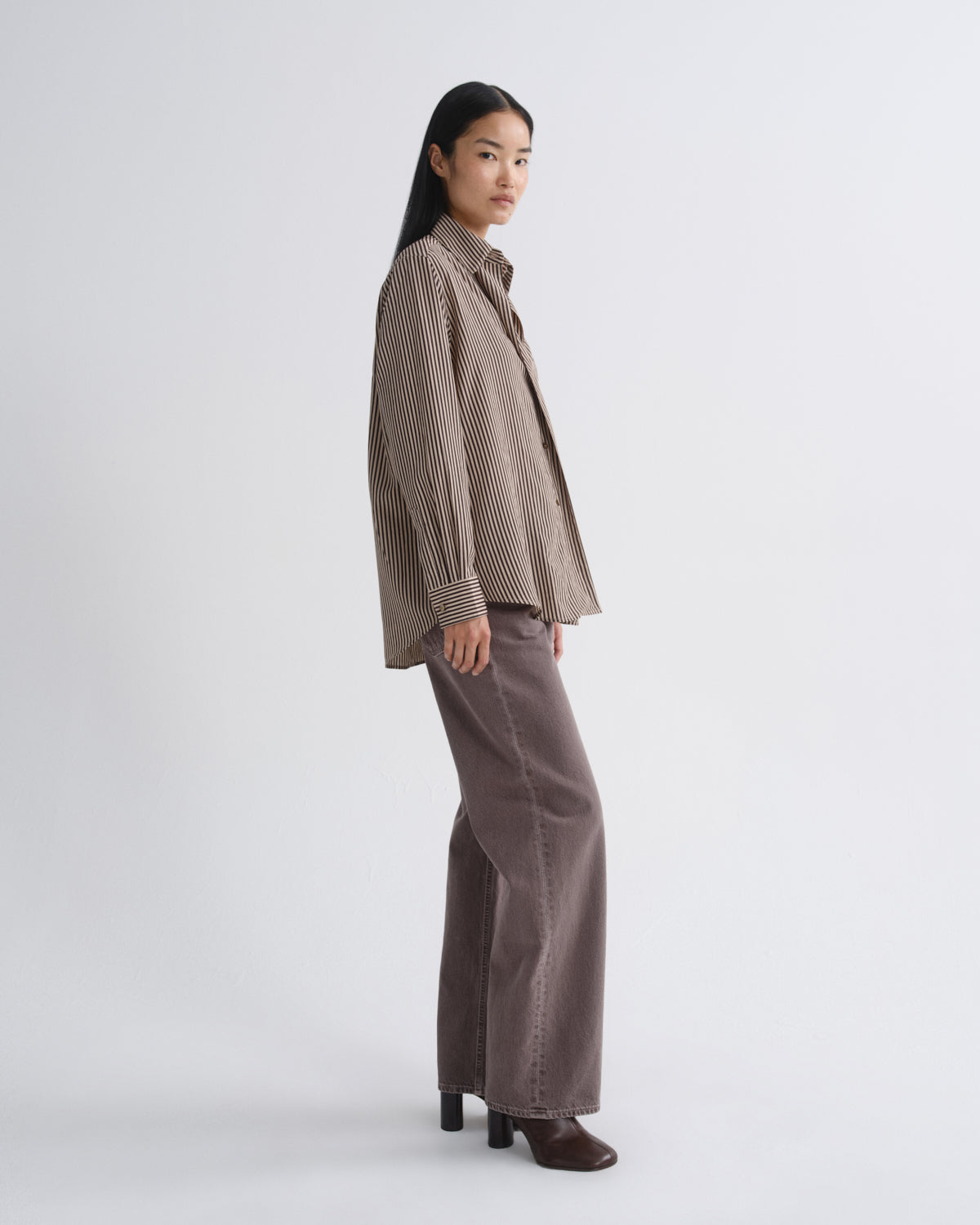Women aris shirt trace stripe chocolate taupe - Agolde