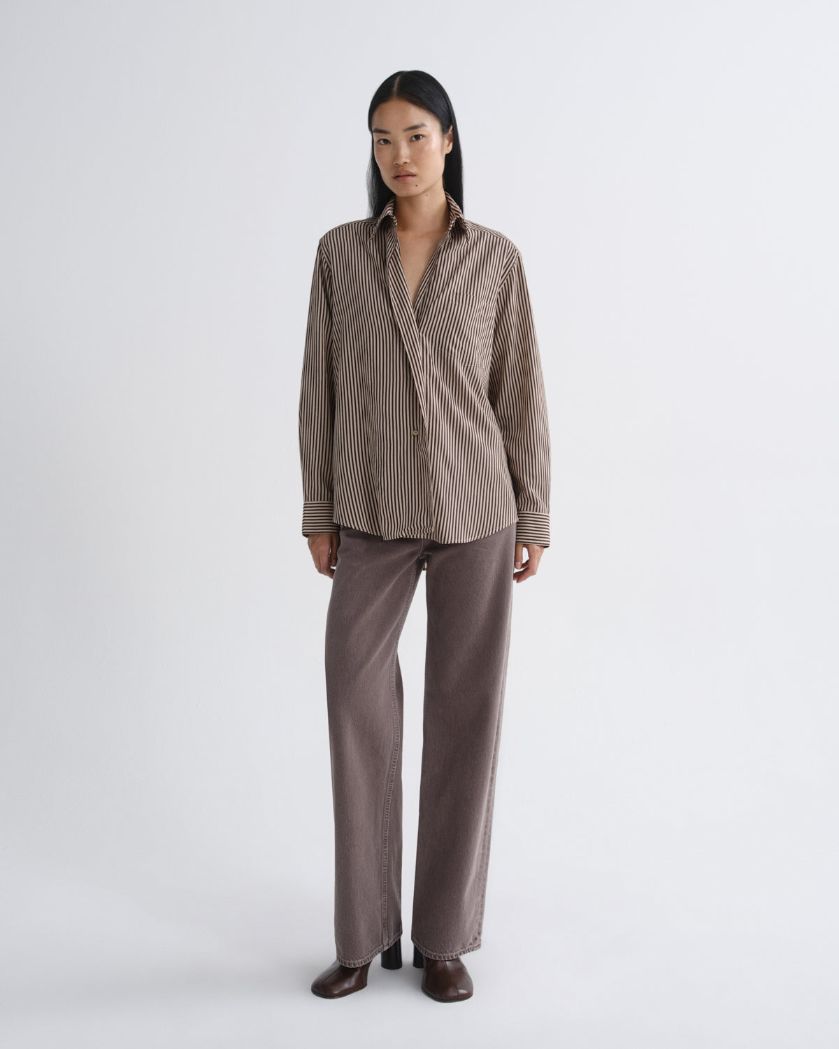 Women aris shirt trace stripe chocolate taupe - Agolde
