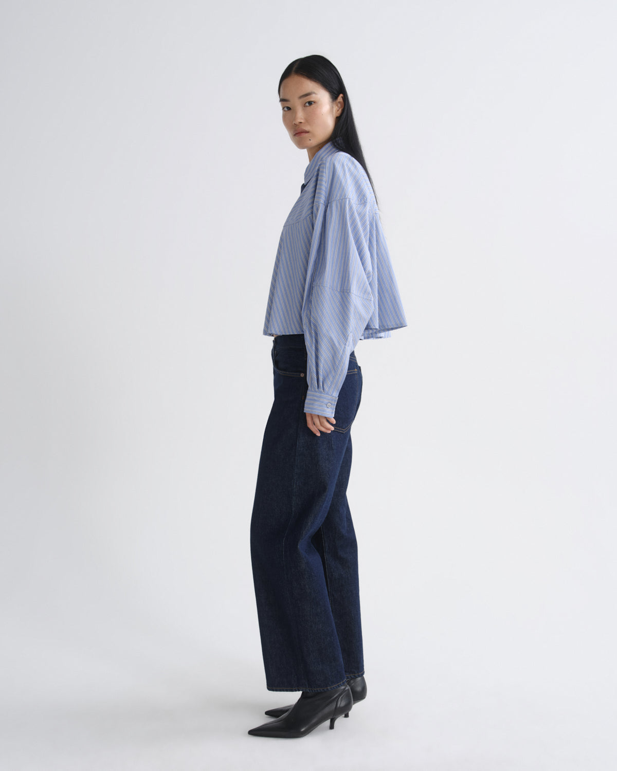 Women Agnes Shirt in Meyer Stripe Blue White - Agolde