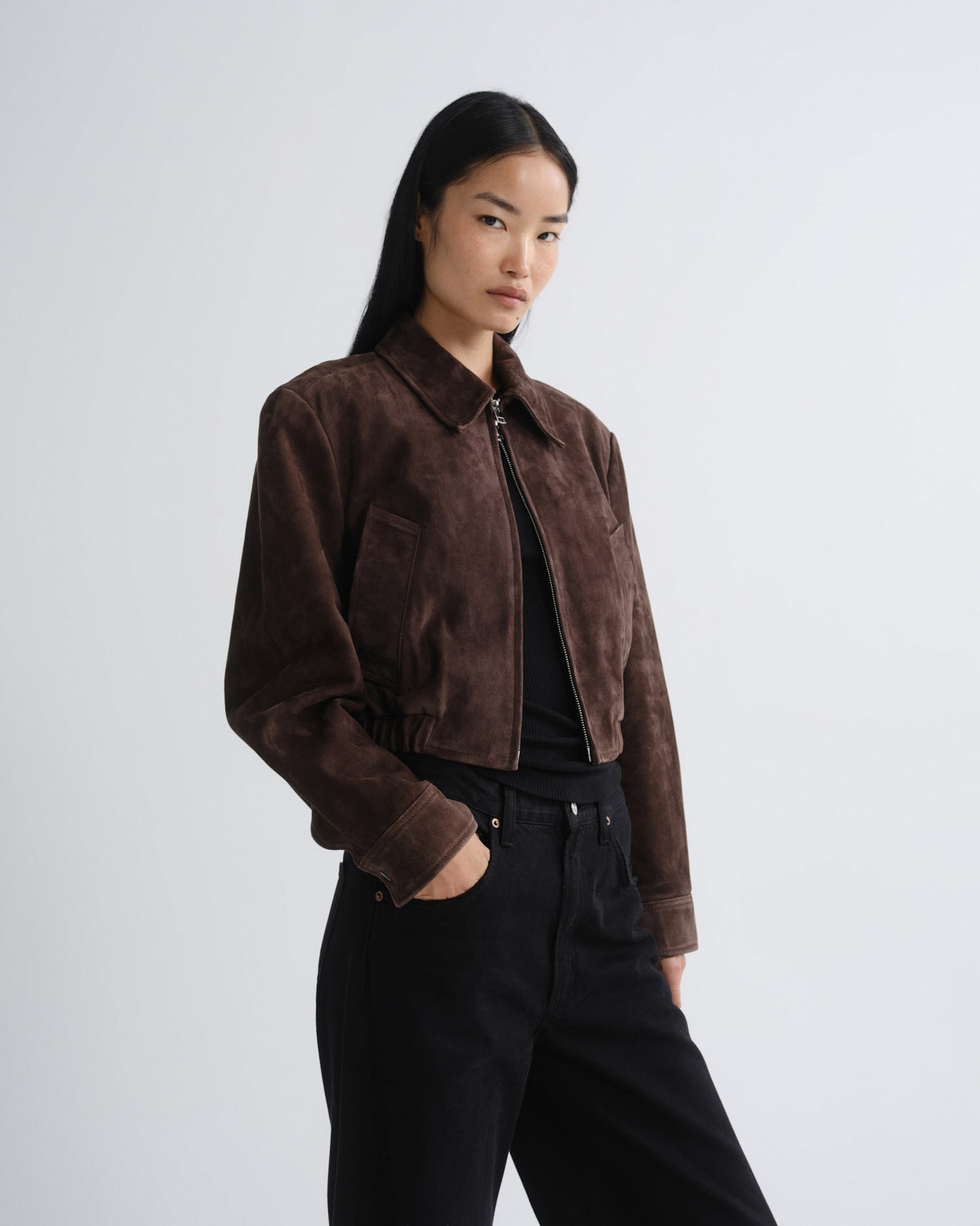 Women Nahla Cropped Suede Jacket in Root - Agolde
