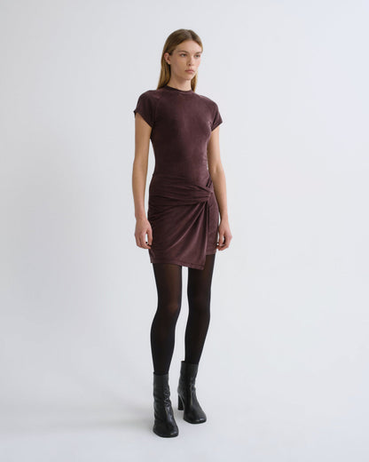 Women Kerri Draped Overlay Ragan Sleeve Mini Dress in Plum - Agolde